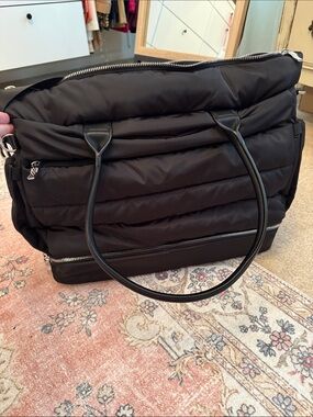 Quilted Black Puffer Tote with Branded Zip Pull